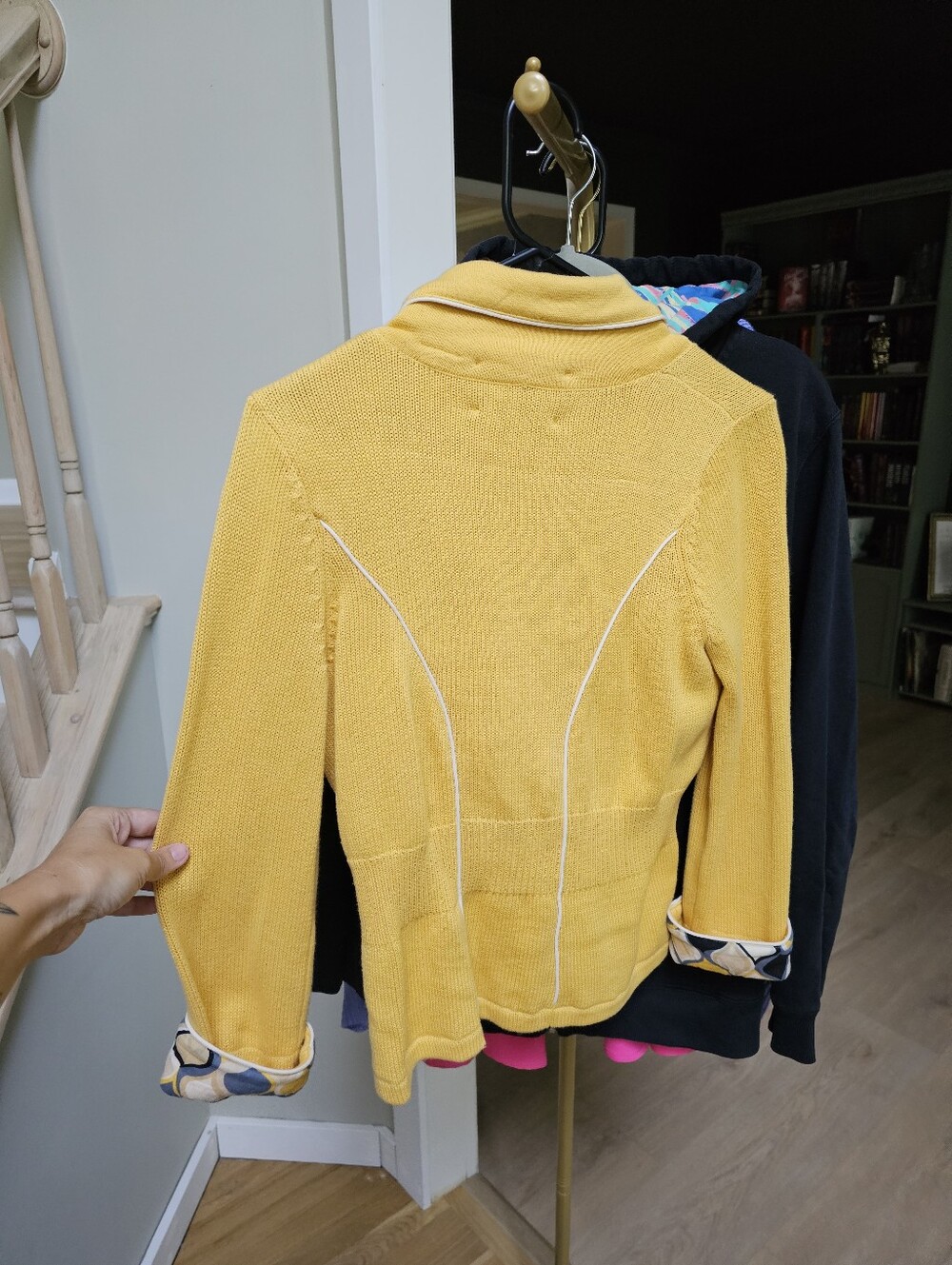 SPARROW x Anthropologie S Mustard Yellow Knit Blazer Style Sweater w White Trim - Picture 5 of 5